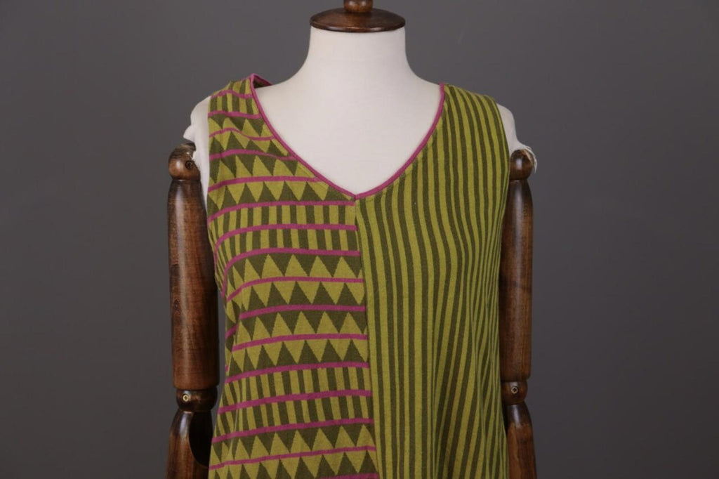 GUDRUN SJODEN Green Geometric Striped Sleevelss A-Line Short Dress – Size M