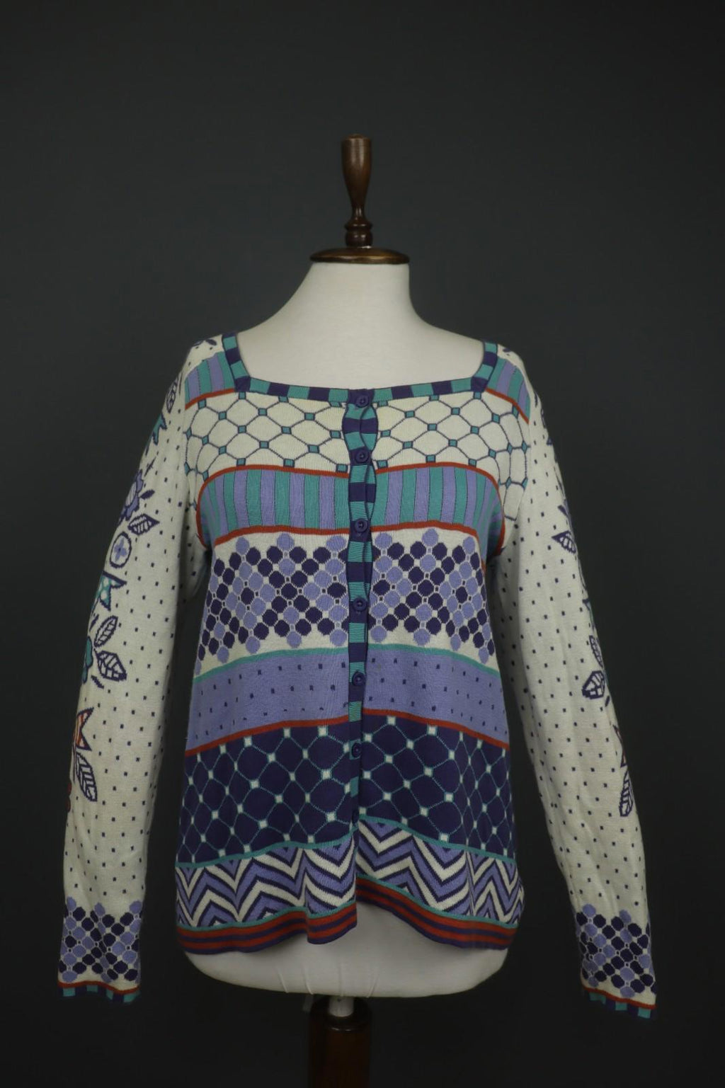 GUDRUN SJODEN Multi Geometric Cotton Knit Button Front Cardigan Sweater – Size S