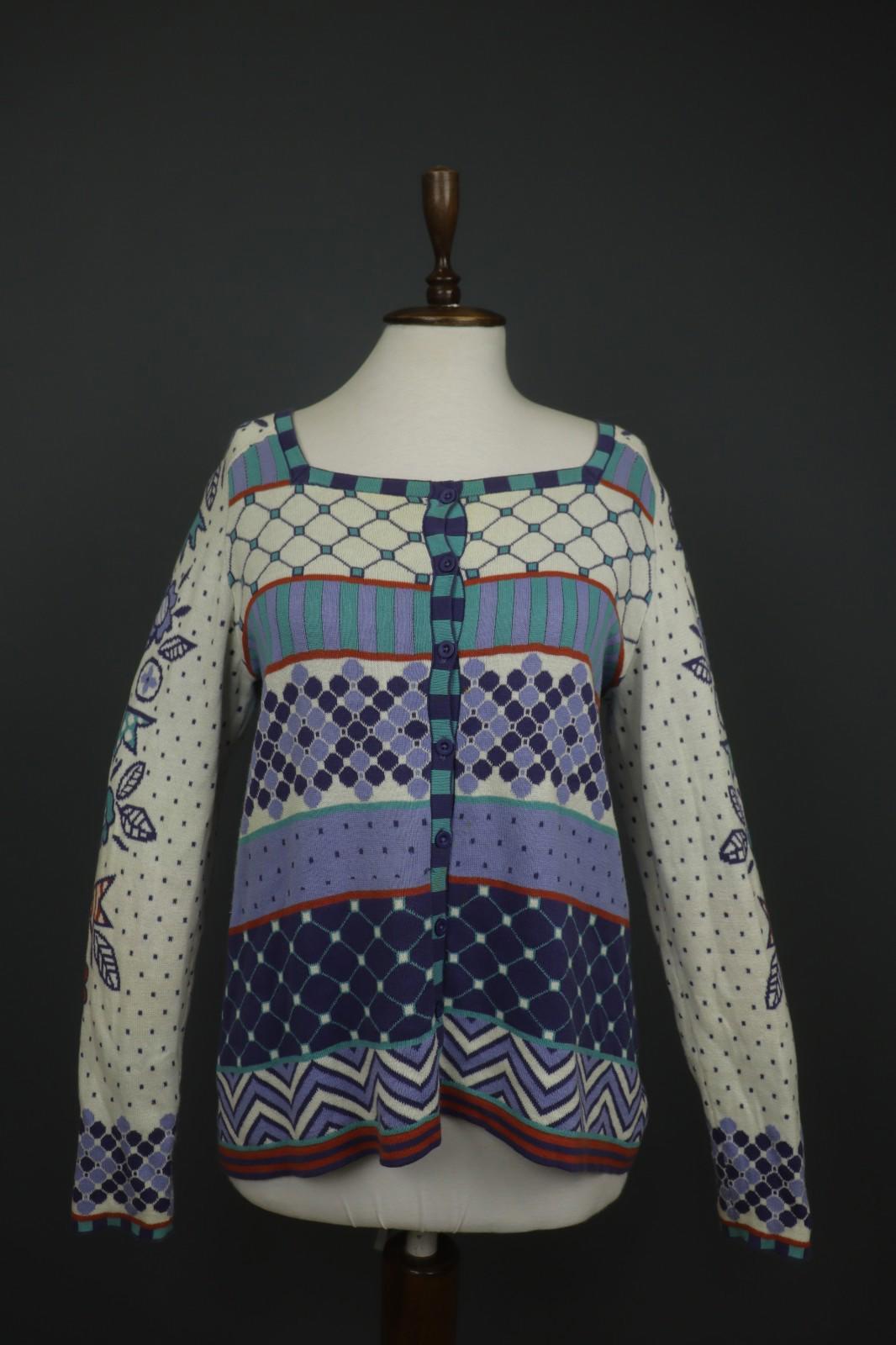 GUDRUN SJODEN Multi Geometric Cotton Knit Button Front Cardigan Sweater – Size S