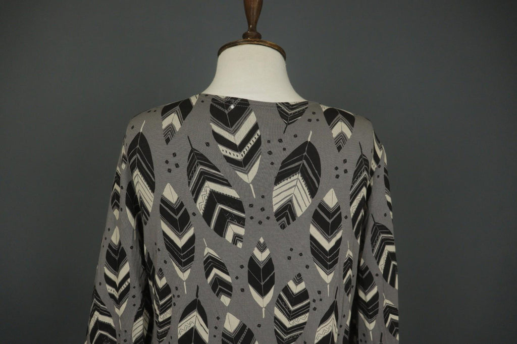 GUDRUN SJODEN Gray Black Leaf Print Round Neck Long Sleeve Pullover Blouse Top