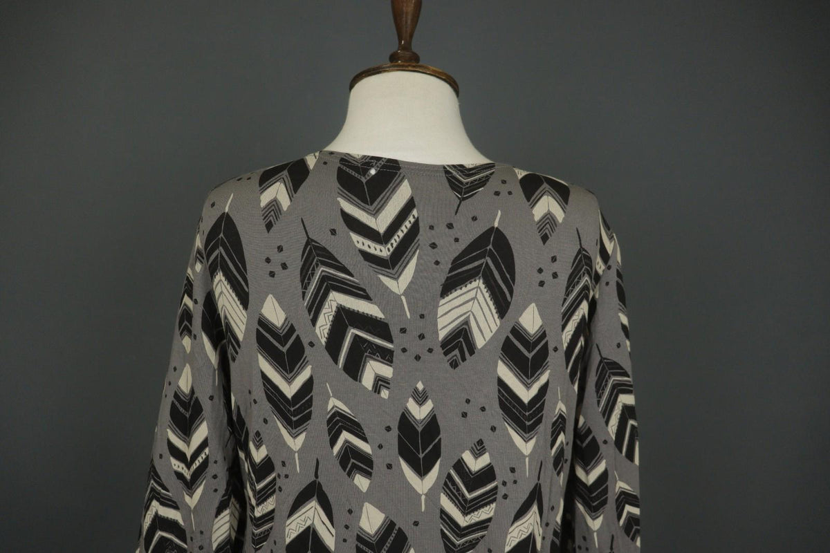 GUDRUN SJODEN Gray Black Leaf Print Round Neck Long Sleeve Pullover Blouse Top