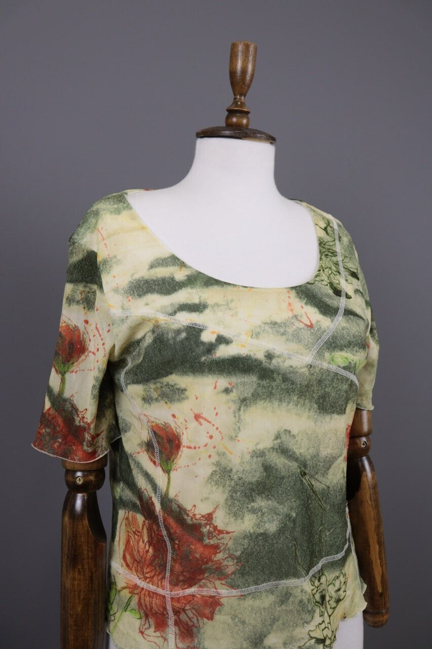 Elisa Cavaletti Green Floral Designer Short Sleeve Blouse Shirt – Size 46 / L