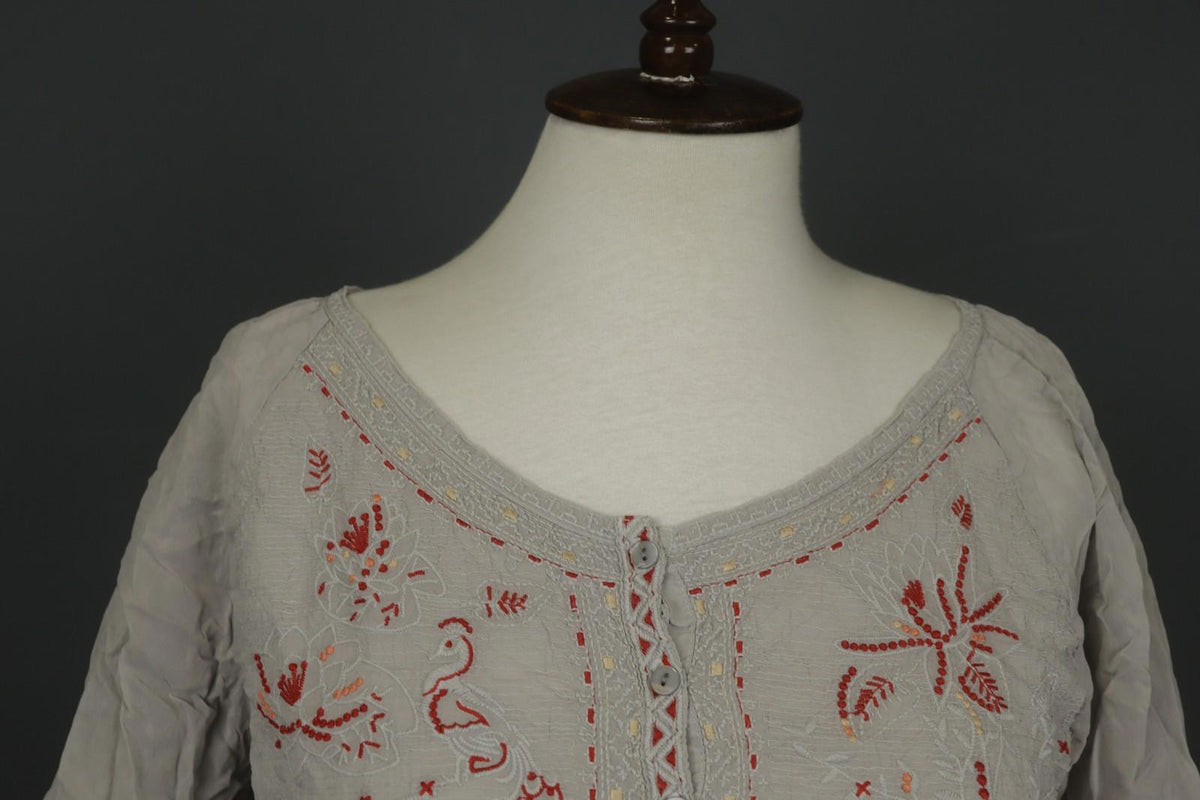JOHNNY WAS Multi Embroidered Floral Long Sleeve Button Tunic Blouse Top S/M