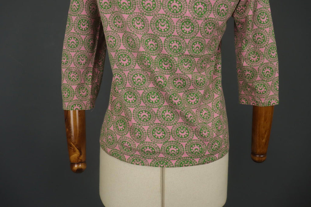 MARIMEKKO Pink Green Geometric Cotton Round Neck Long Sleeve Blouse Top – Size M