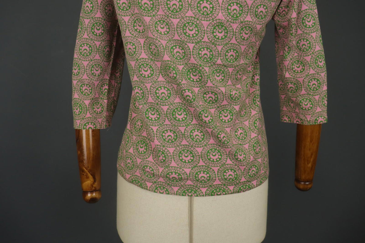 MARIMEKKO Pink Green Geometric Cotton Round Neck Long Sleeve Blouse Top – Size M