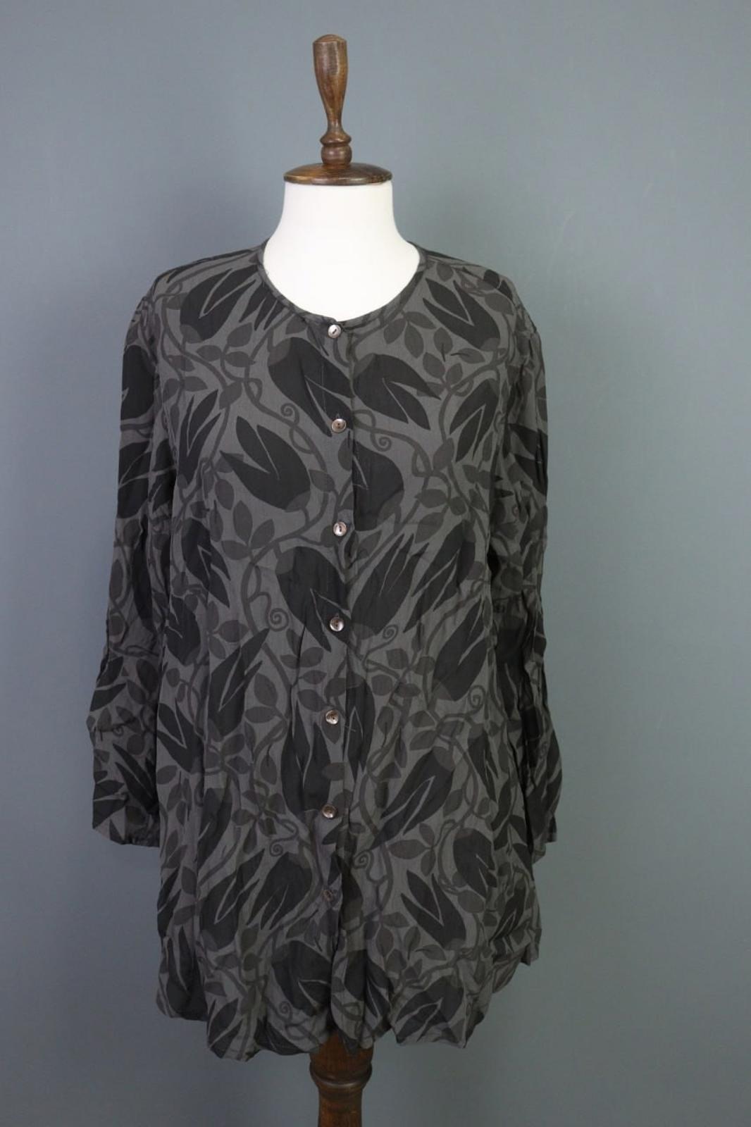 GUDRUN SJODEN Gray Black Leaf Print 100%Viscose Button Front Sheath Dress – Size L