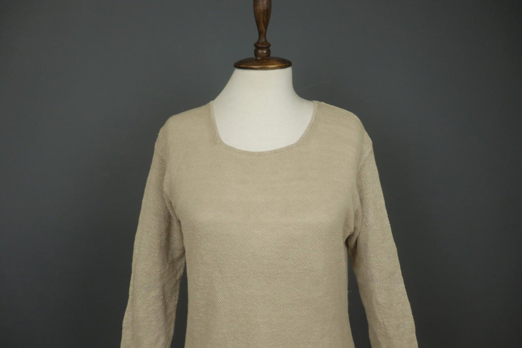 GUDRUN SJODEN Tan 100% Linen Long Sleeve Round Neck Pullover Shift Dress – Size S