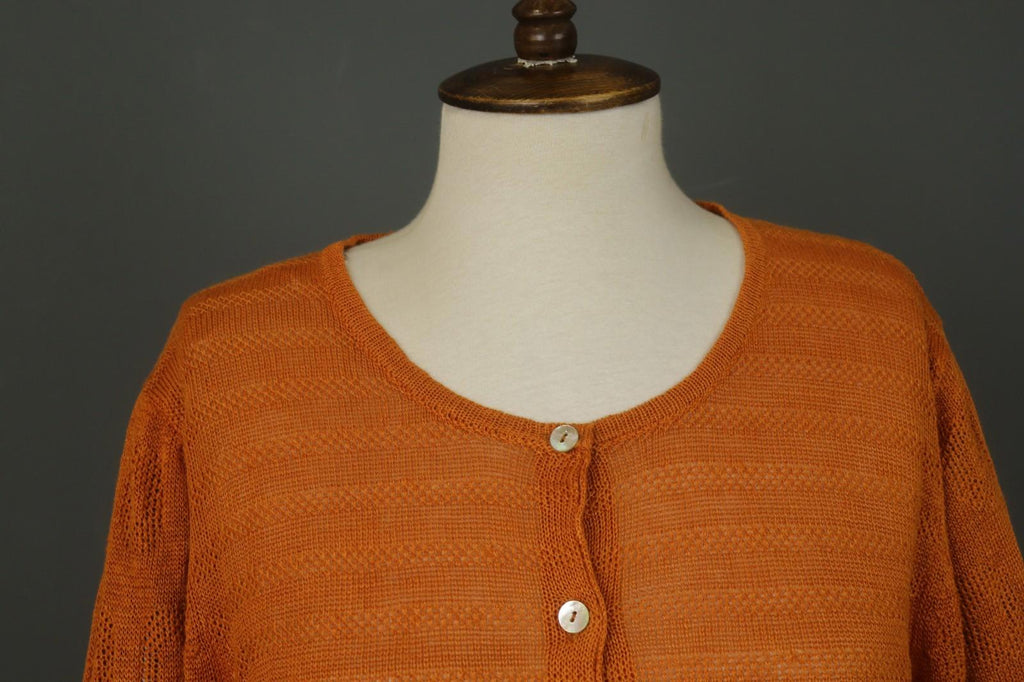 GUDRUN SJODEN Orange 100% Linen Knitted Round Neck Button Front Cardigan – Size XL