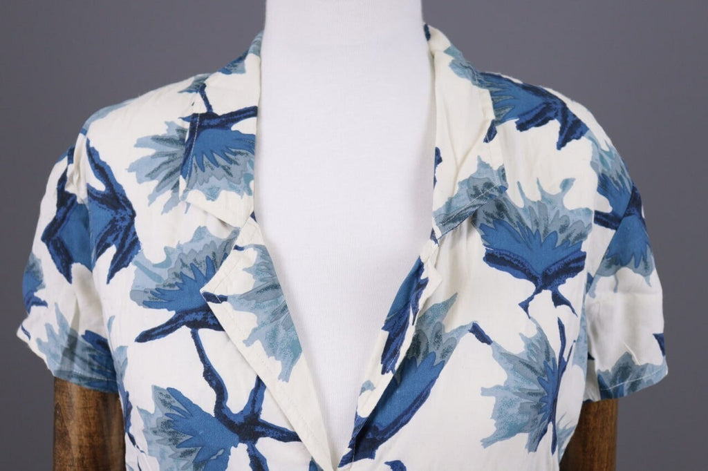 Ganni White Floral Short Sleeve V-Neck Peged Dress – Size S
