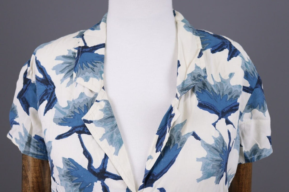 Ganni White Floral Short Sleeve V-Neck Peged Dress – Size S