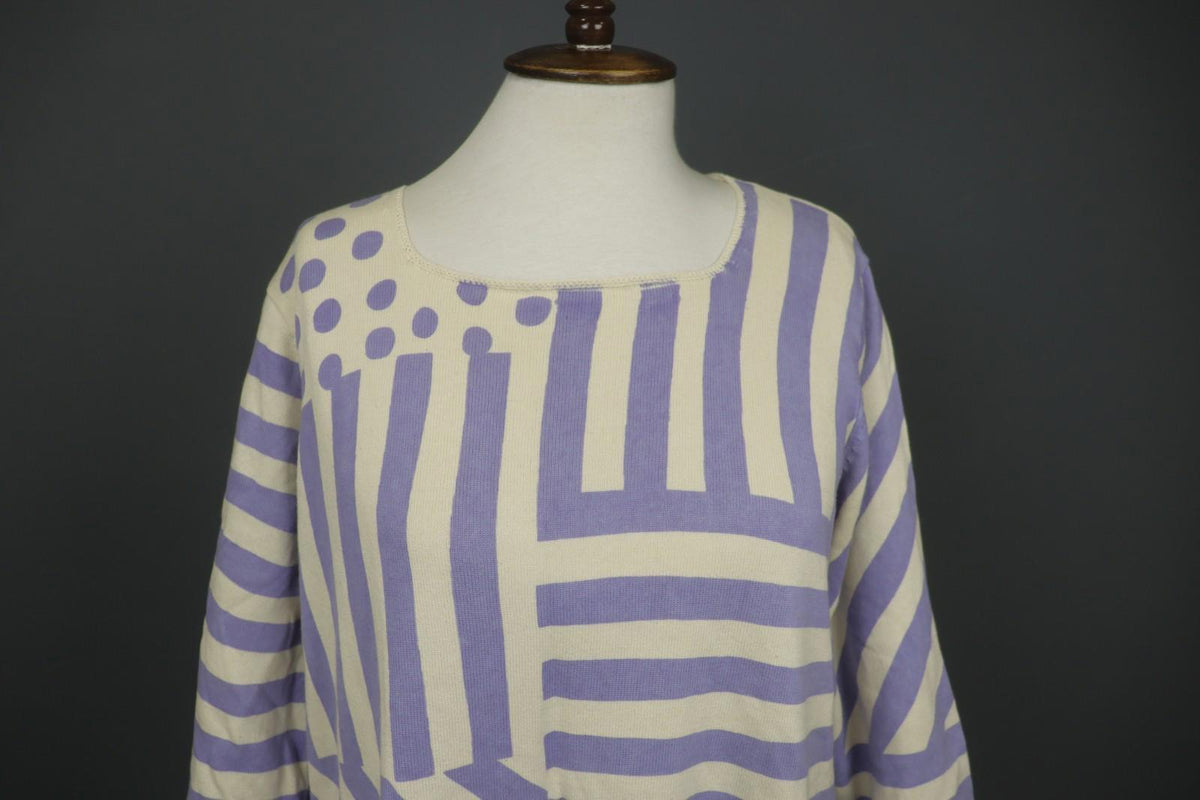 GUDRUN SJODEN White Purple Striped Cotton Knitted Pullover Tunic Top – Size L