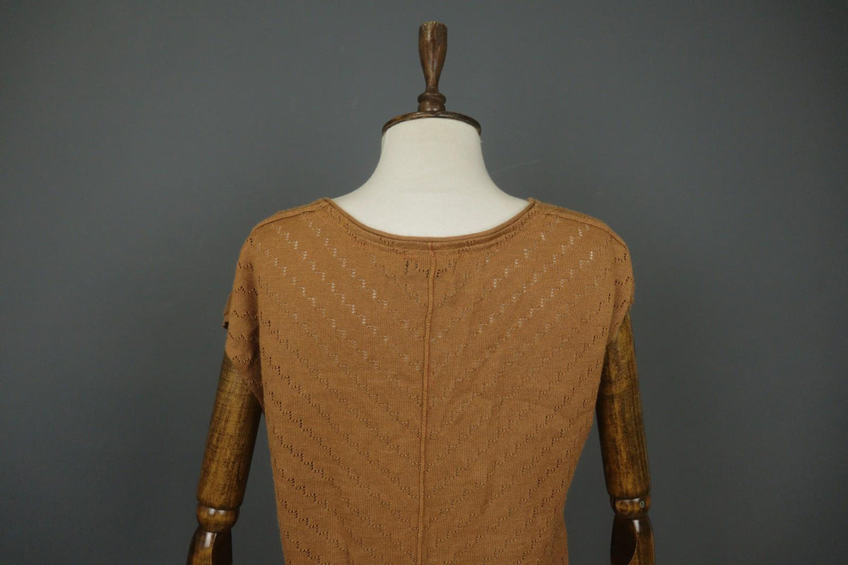 GUDRUN SJODEN Brown Ramie Open Knit Short Sleeve V-Neck Sweater Dress – Size L – Used