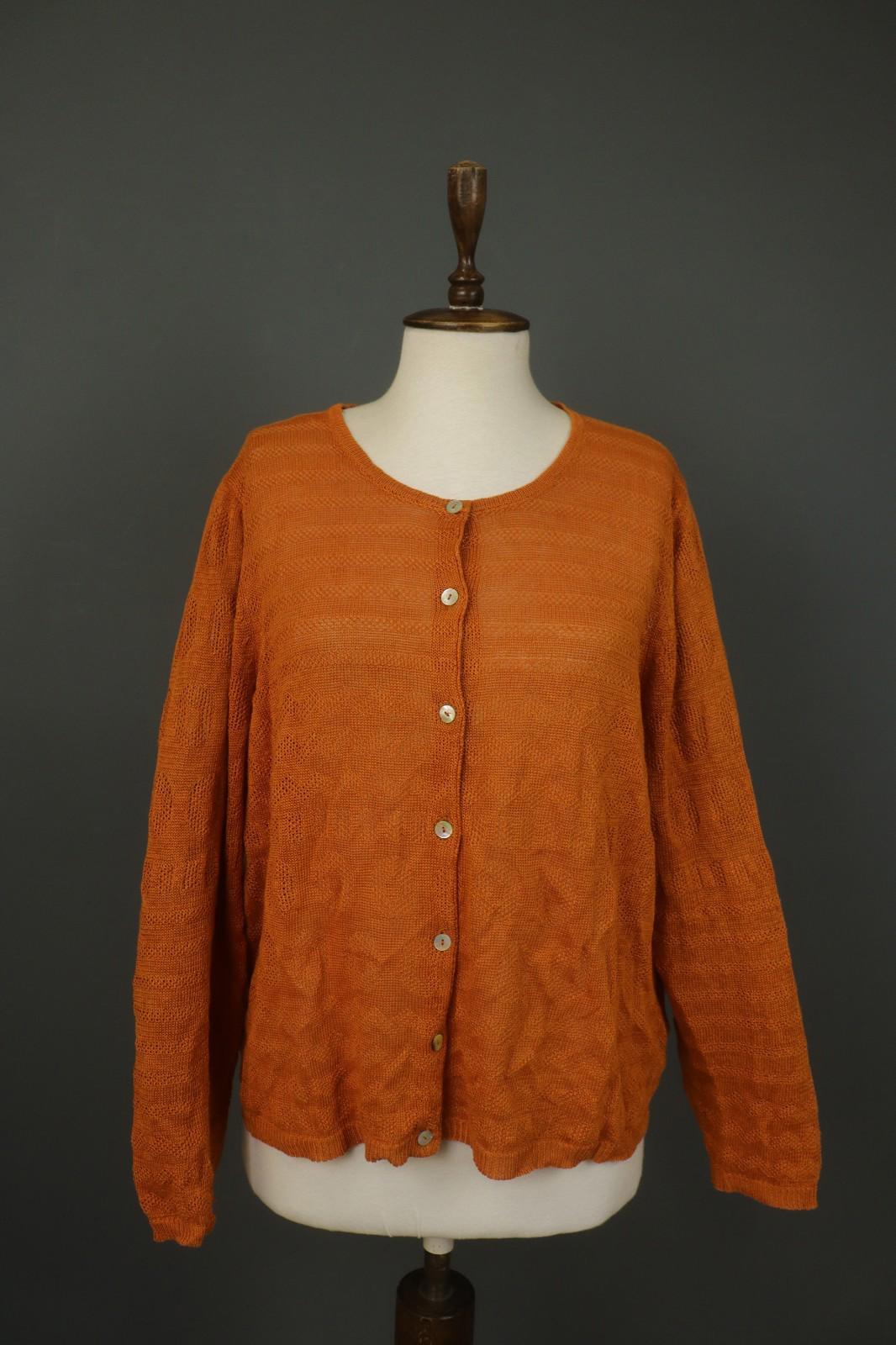GUDRUN SJODEN Orange 100% Linen Knitted Round Neck Button Front Cardigan – Size XL