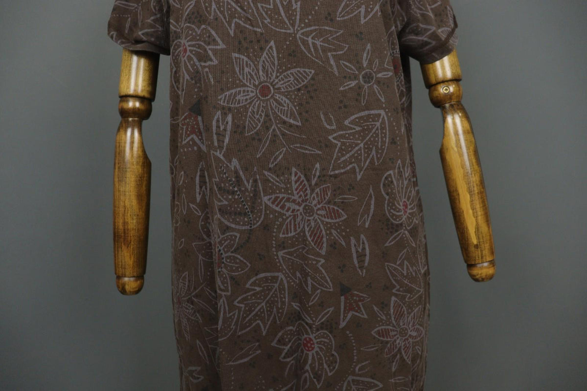 GUDRUN SJODEN Brown Floral Lyocell Short Sleeve Round Neck Sheath Dress – Size M