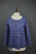 GUDRUN SJODEN Purple Palm Leaf Print Cotton Round Neck Pullover Blouse Top Sz M