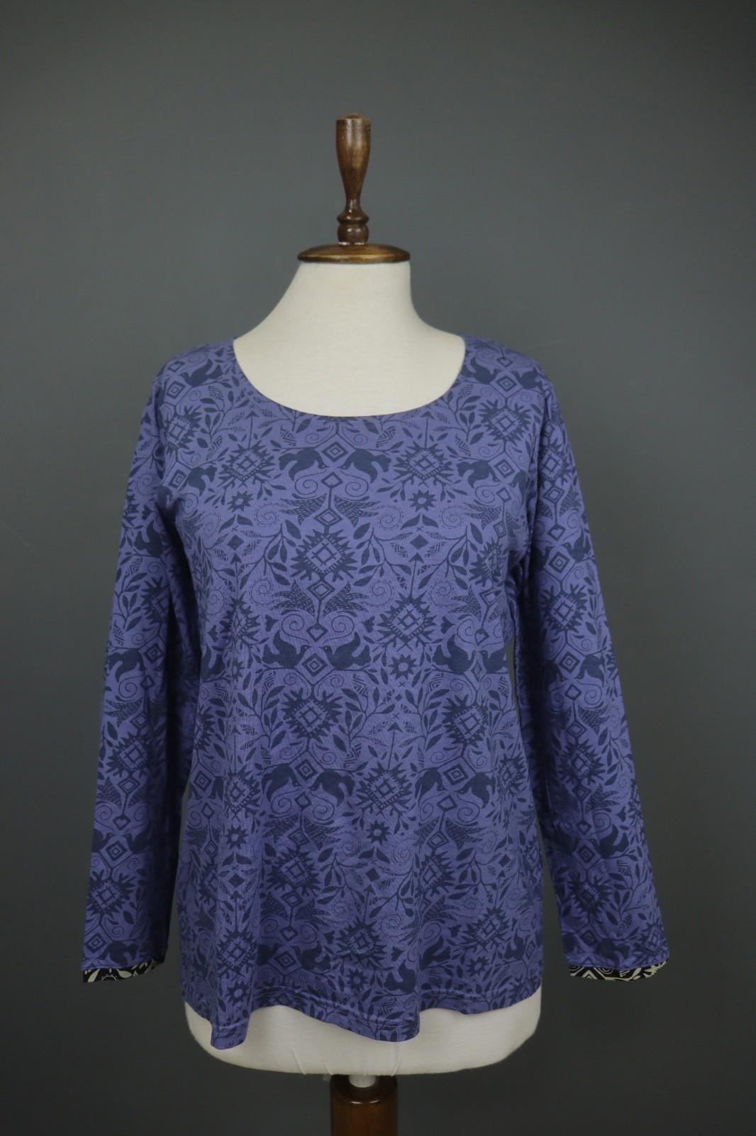 GUDRUN SJODEN Purple Palm Leaf Print Cotton Round Neck Pullover Blouse Top Sz M