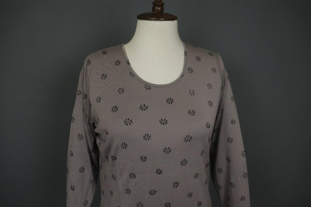 GUDRUN SJODEN Gray & Black Floral Silk Long Sleeve Round Neck Blouse Top – Size M