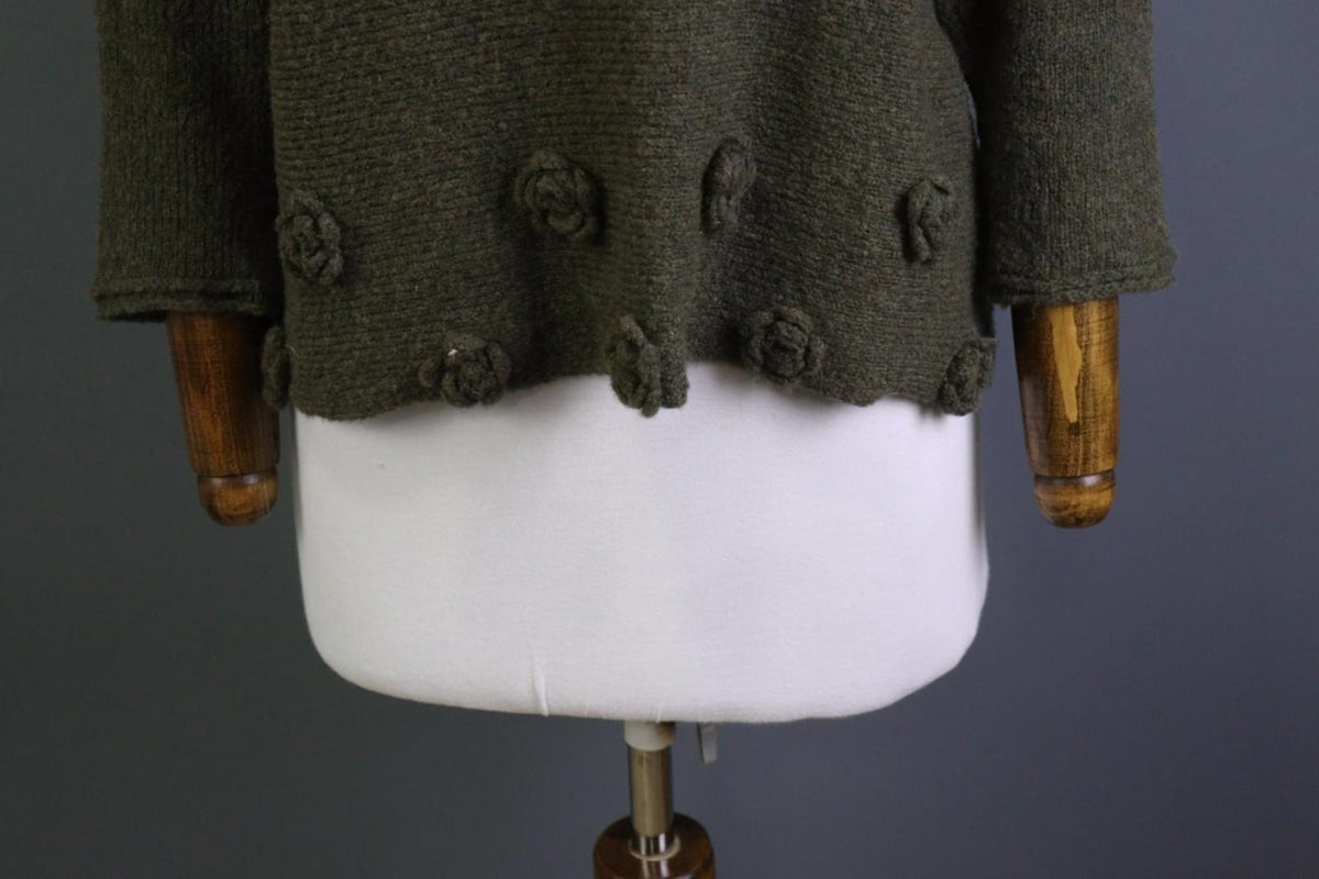 GRIZAS Green Wool Flower Knit Crew Neck Long Sleeve Pullover Sweater – Size XL