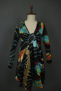 ROBERTO CAVALLI Multicolor Geometric Long Sleeve V-Neck Midi Shift Dress – Size L