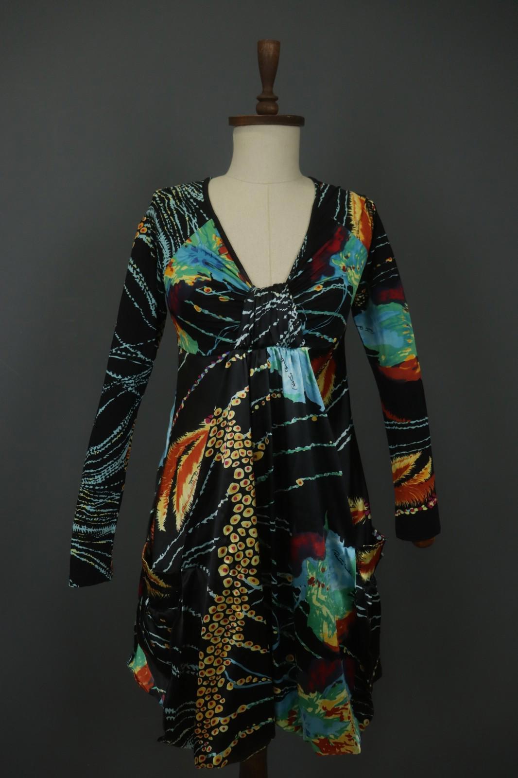 ROBERTO CAVALLI Multicolor Geometric Long Sleeve V-Neck Midi Shift Dress – Size L