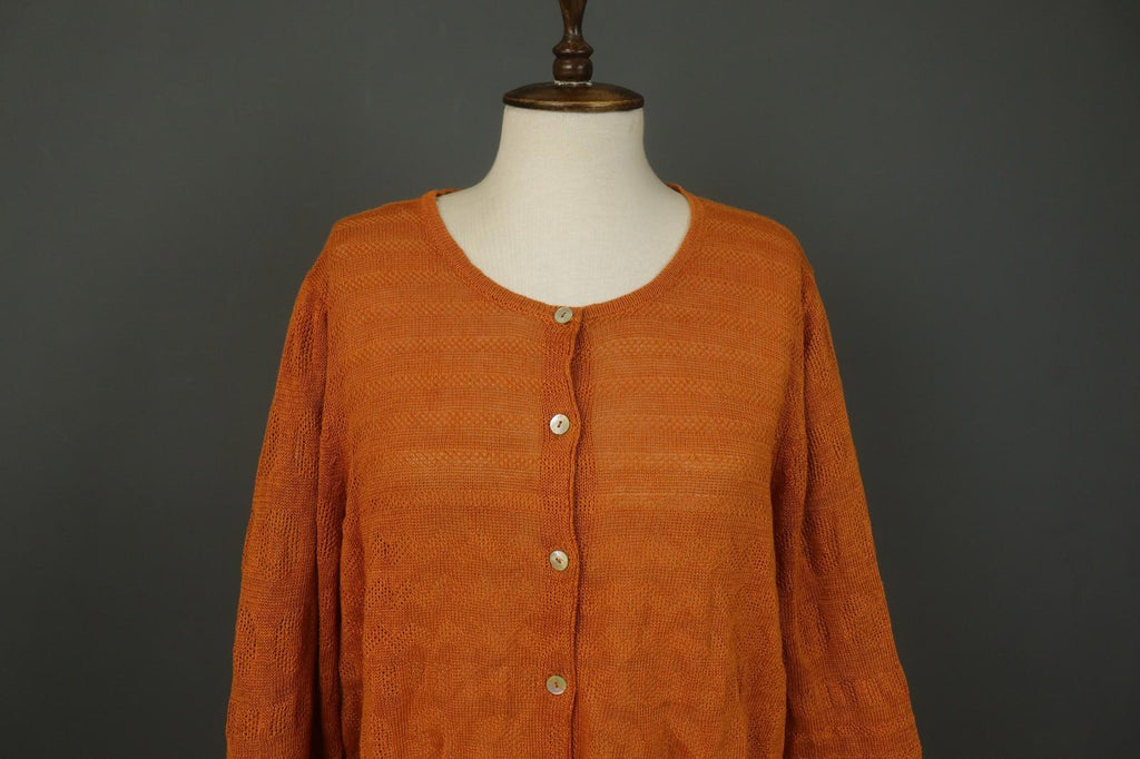 GUDRUN SJODEN Orange 100% Linen Knitted Round Neck Button Front Cardigan – Size XL