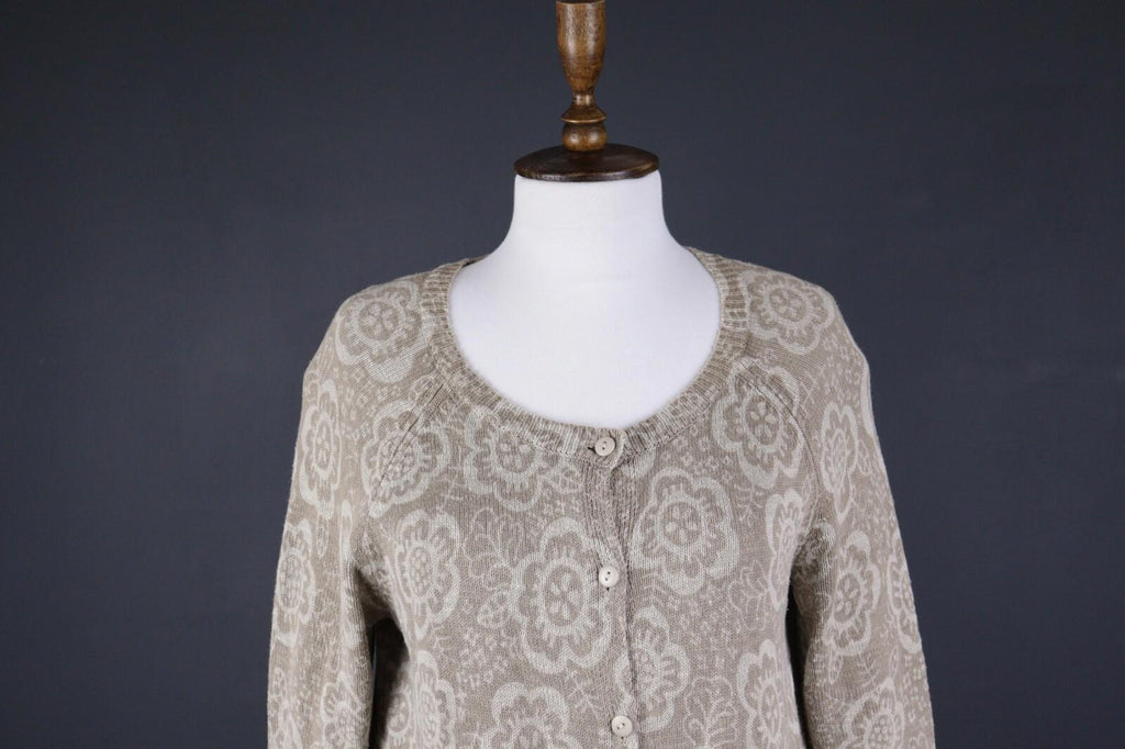 GUDRUN SJODEN Beige Floral Linen Knit Long Cardigan Sweater – Size S