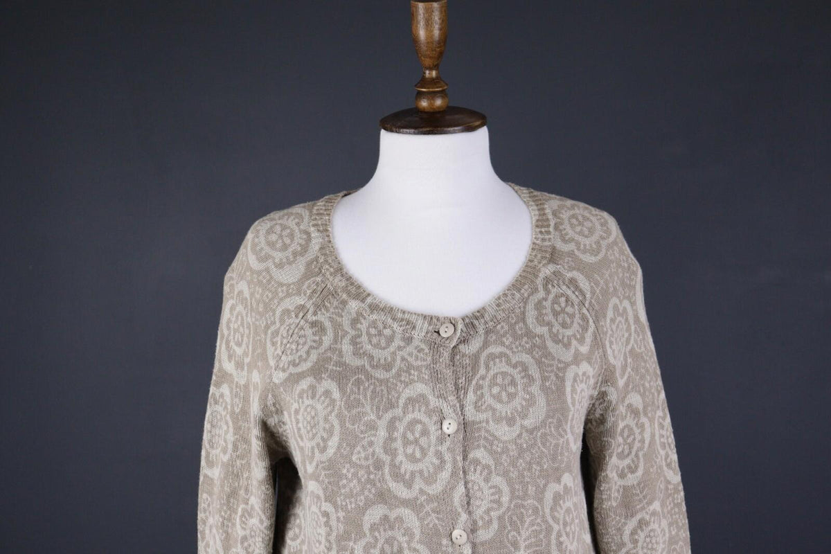 GUDRUN SJODEN Beige Floral Linen Knit Long Cardigan Sweater – Size S
