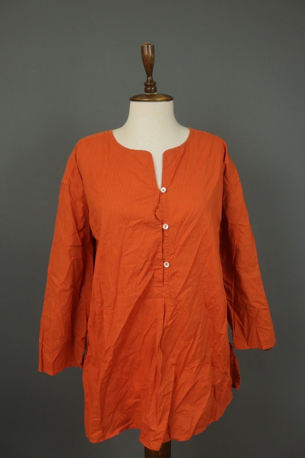 GUDRUN SJODEN Orange Cotton Long Sleeve V-Neck Button Front Shirt Dress – Size M