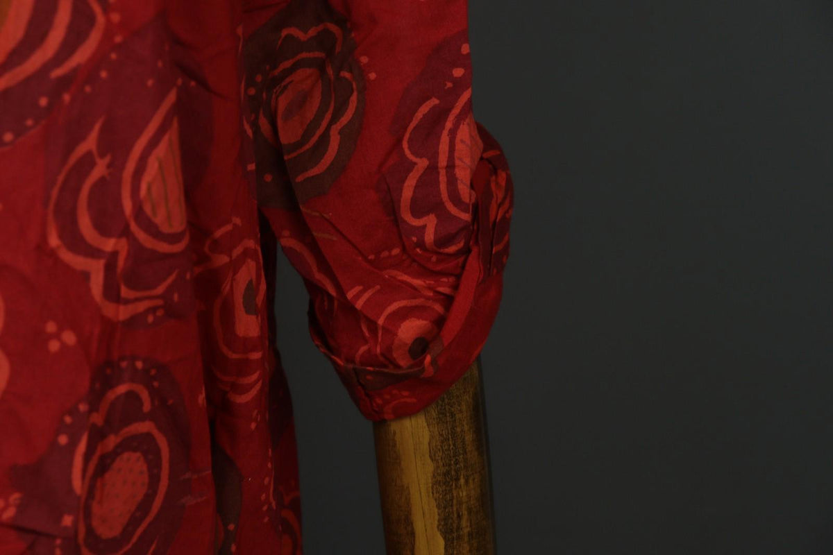 GUDRUN SJODEN Red Cotton Floral Roll Tab Sleeve Button Front Shirt Dress – Size L