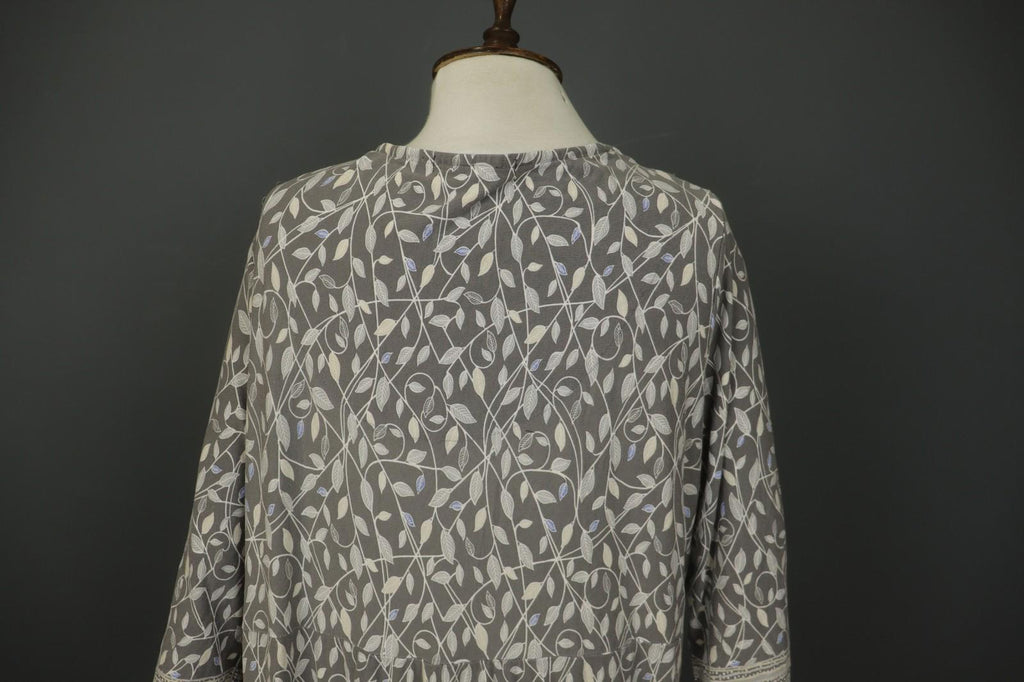 GUDRUN SJODEN Gray Leaf Print Cotton V-Neck Summer Pullover Maxi Dress – Size XL