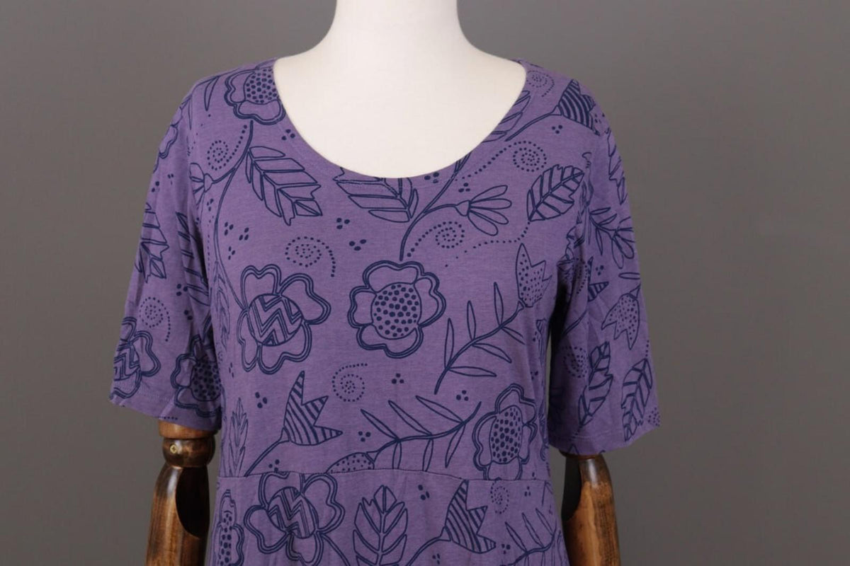 GUDRUN SJODEN Purple Floral Pockets Short Sleeve Blouson Midi Dress – Size M