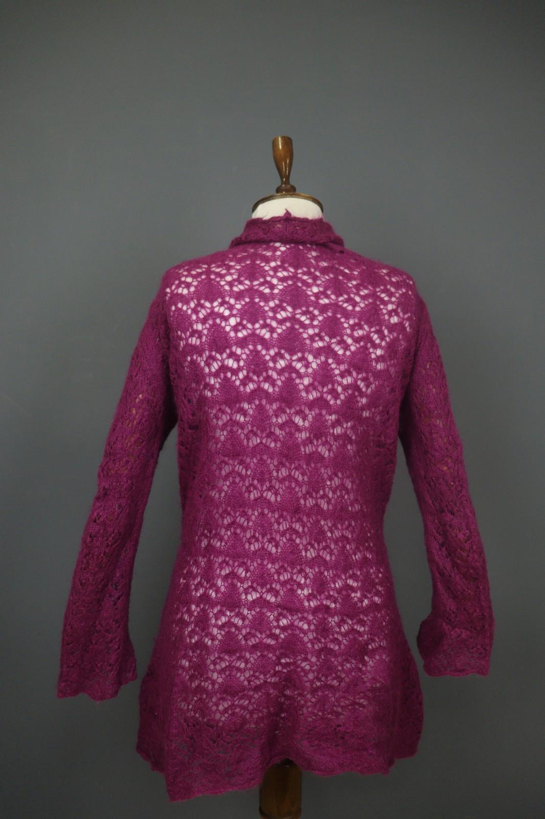 ANTHOLOGY AVOCA Pink Long Sleeve Button Front Asymmetrical Hem Crochet Dress
