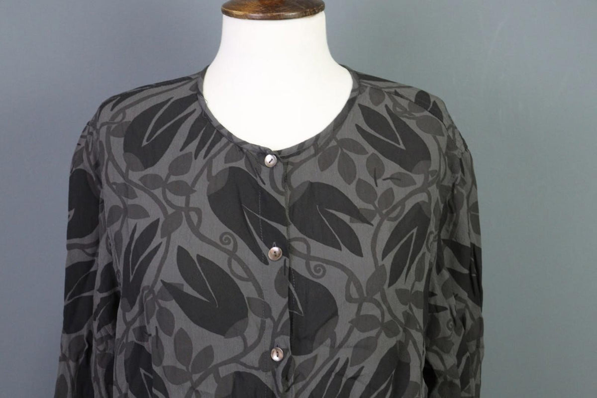 GUDRUN SJODEN Gray Black Leaf Print 100%Viscose Button Front Sheath Dress – Size L