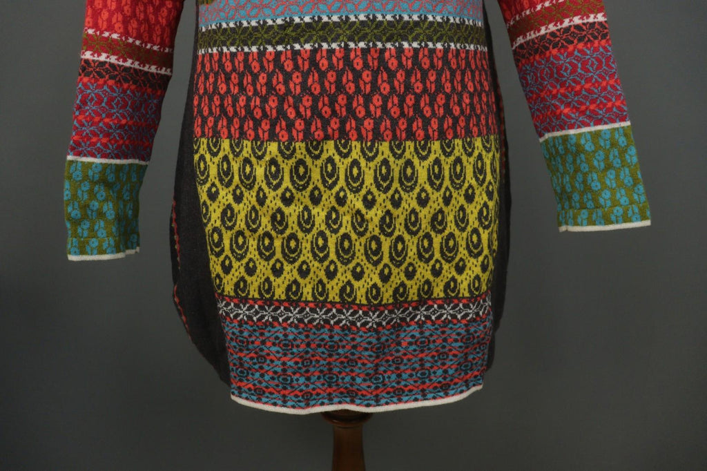 IVKO Multi Geo Print 100% Wool Knitted Long Sleeve V-Neck Sweater Dress – Size 40