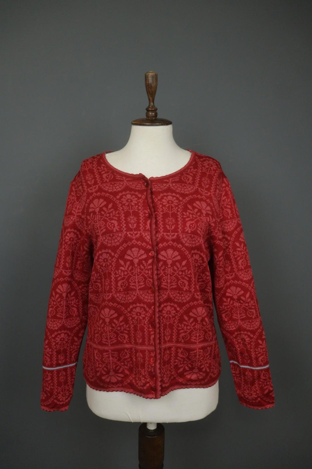 OLEANA Red Floral Wool Blend Long Sleeve Button Front Cardigan Sweater – Size M