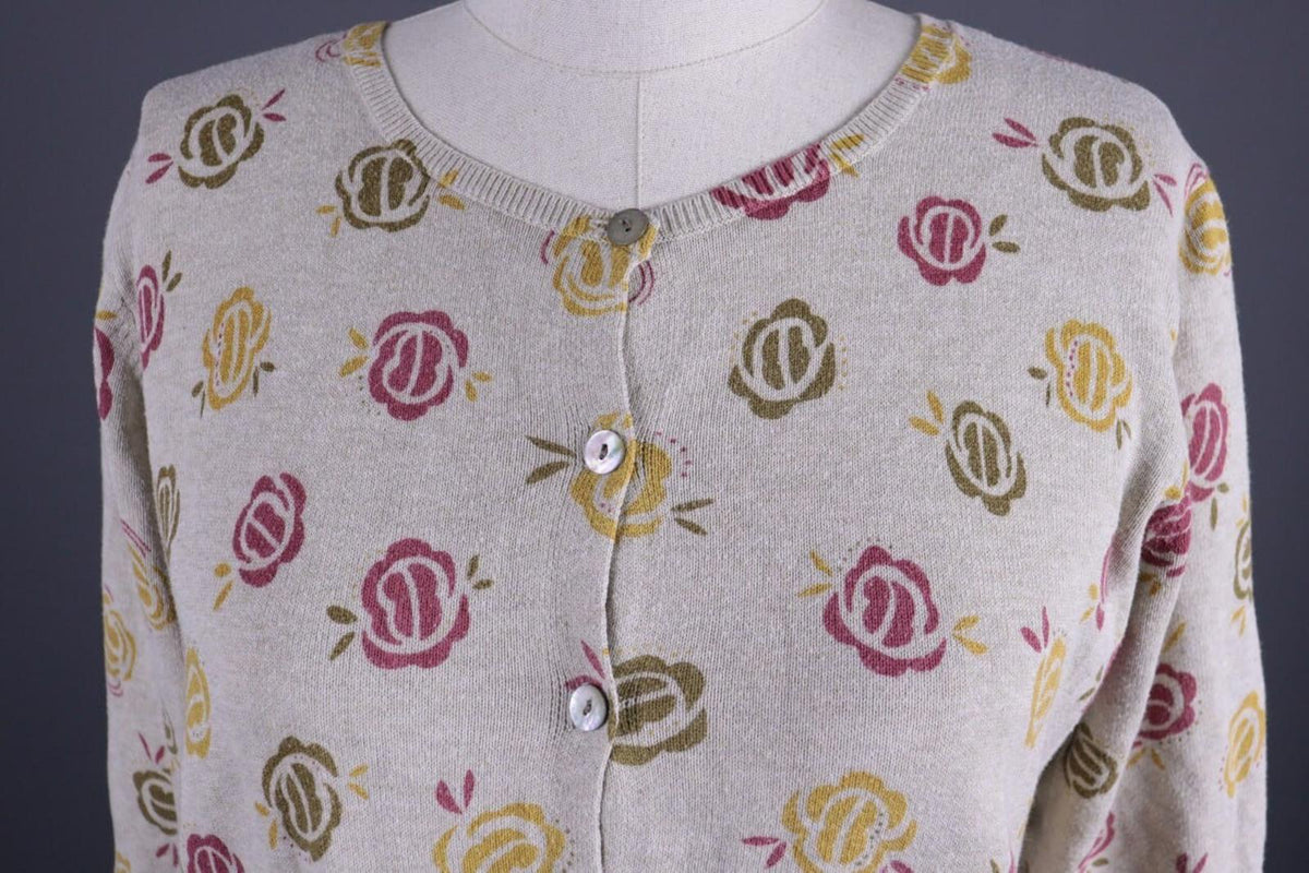 GUDRUN SJODEN Beige Floral Knit Cardigan Sweater – Size M