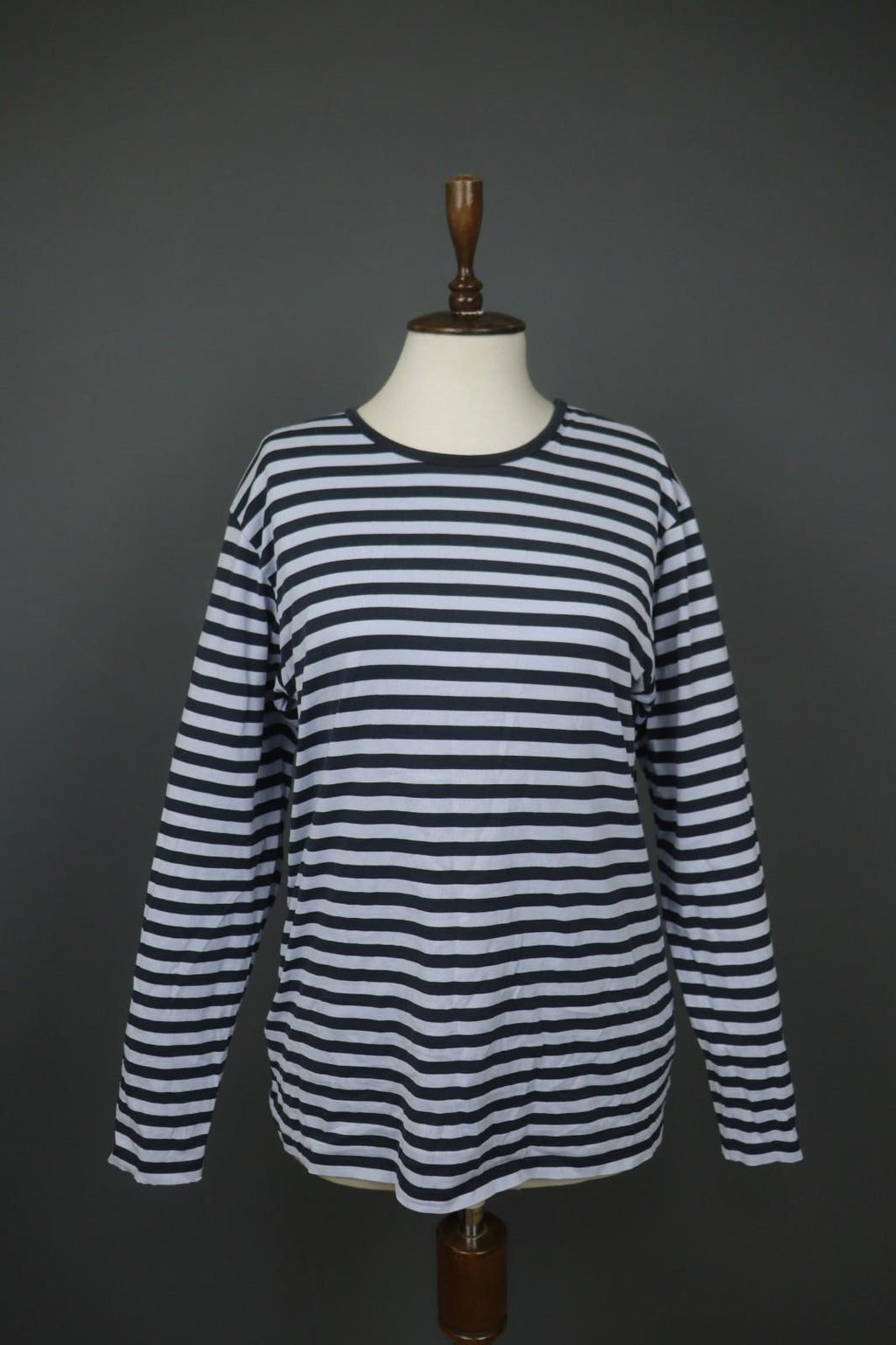 MARIMEKKO PITKAHIHA Navy Blue Striped Long Sleeve Round Neck Pullover Blouse Top