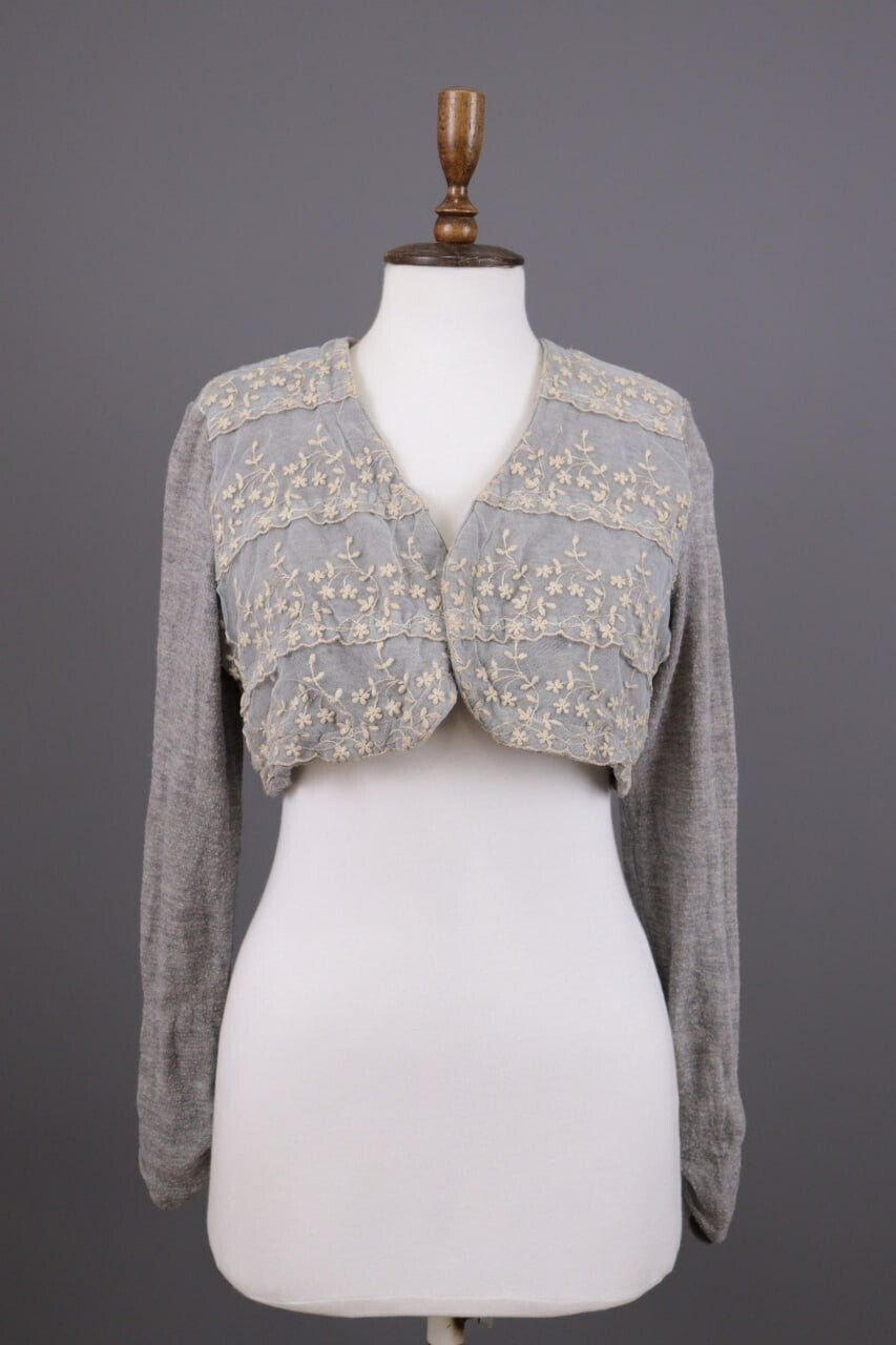 Elisa Cavaletti Gray Floral Mesh Wool Cropped Cardigan Sweater – Size L – Used