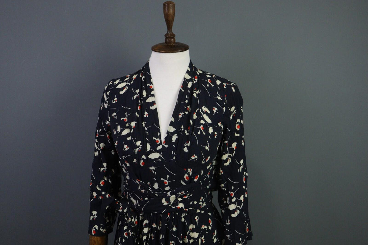 BA&SH Black Floral Long Sleeve V-Neck Belted A-Line Midi Dress – Size 4