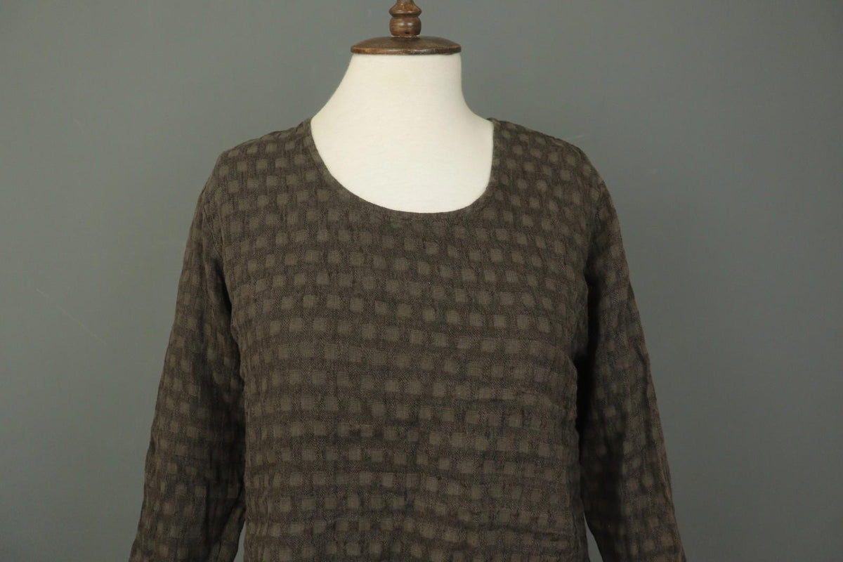 GRIZAS Brown 100% Linen Long Sleeve Round Neck Pullover Tunic Top – Size S