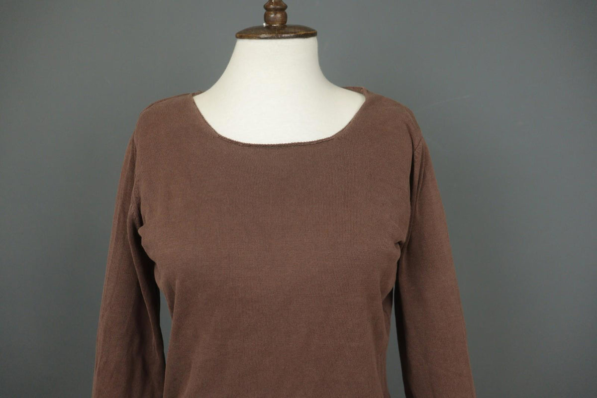 GUDRUN SJODEN Brown Silk Round Neck Long Sleeve Pullover Shirt Top – Size M