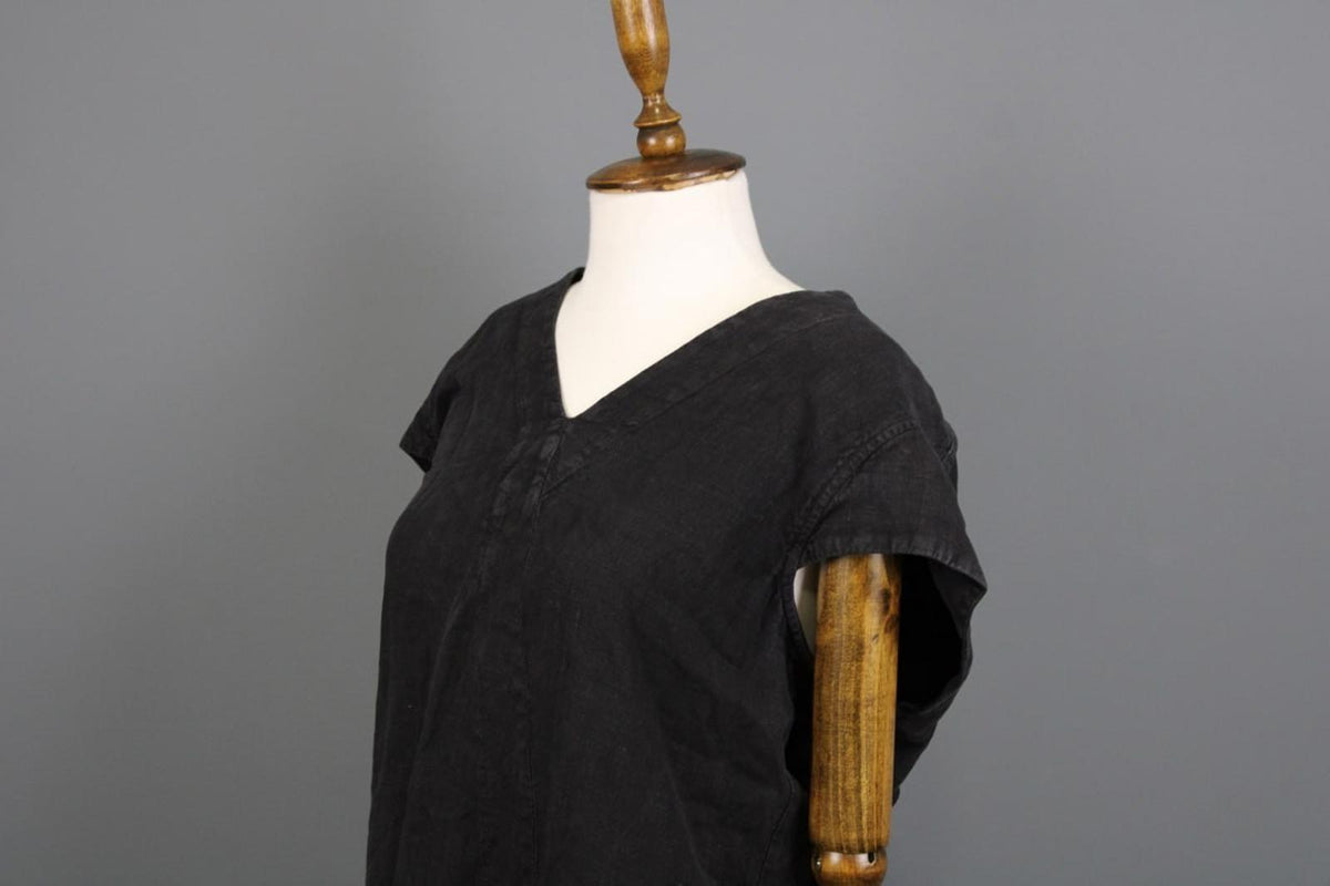 OSKA Black Linen Regular Fit V-Neck Casual Short Sleeve Long Maxi Dress – Size 2