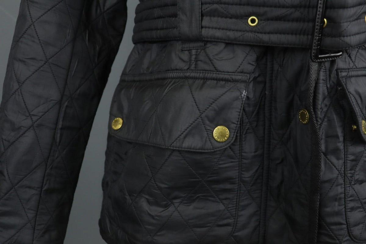 BARBOUR Black Belted Waist & Neck Long Sleeve Snap Front Quilted Jacket – Size 38