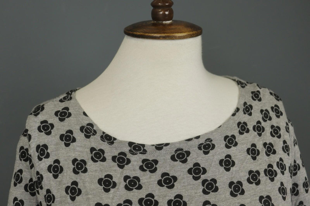 GUDRUN SJODEN Black Gray Floral 100% Modal Long Sleeve Round Neck Dress S/M