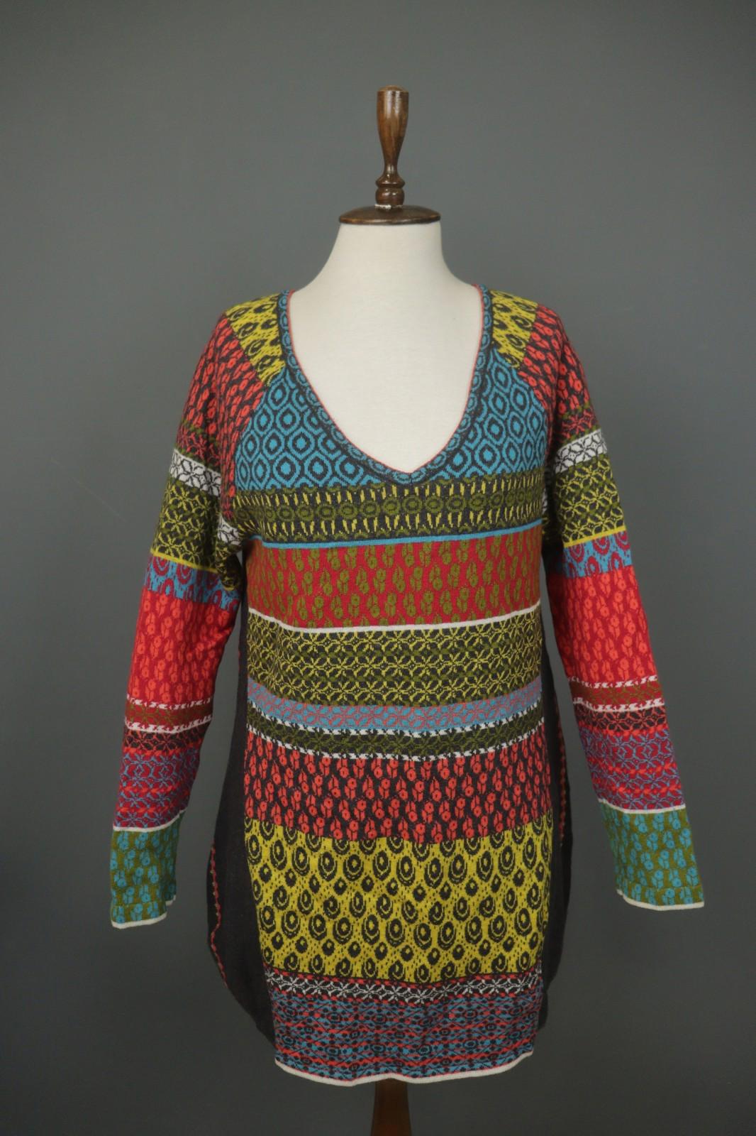 IVKO Multi Geo Print 100% Wool Knitted Long Sleeve V-Neck Sweater Dress – Size 40