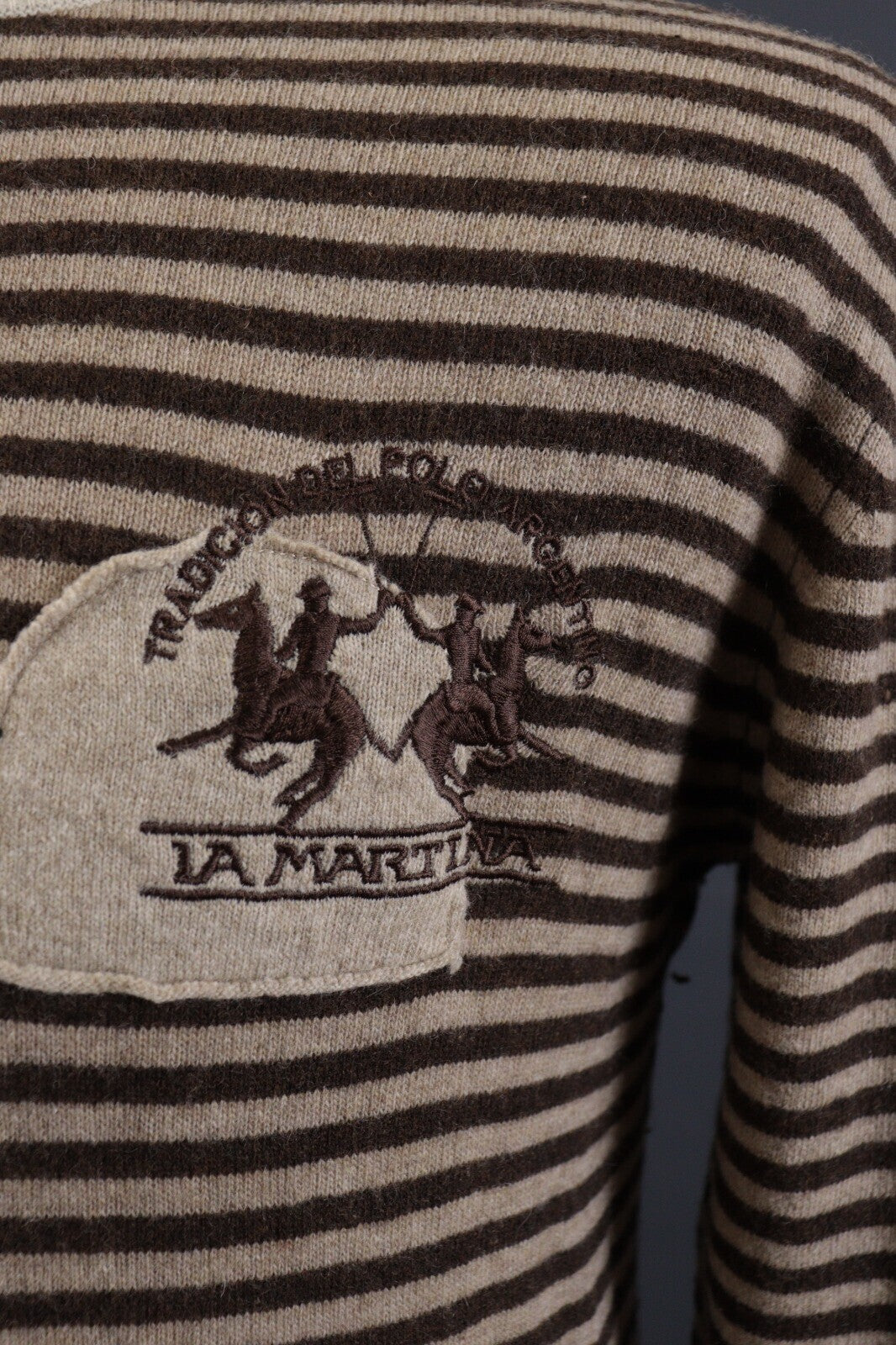 La Martina Brown Stripe Wool Brown Men's Crew Neck Sweater – Size M