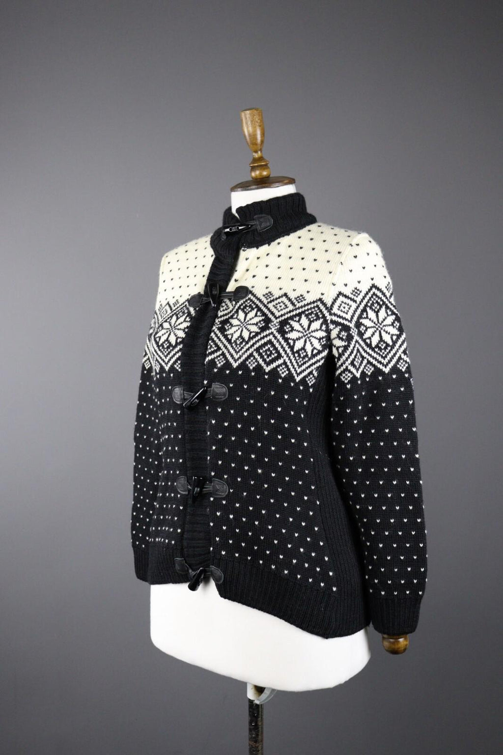 DALE OF NORWAY Black Fair Isle Wool Duffle Cardigan Sweater – Size S