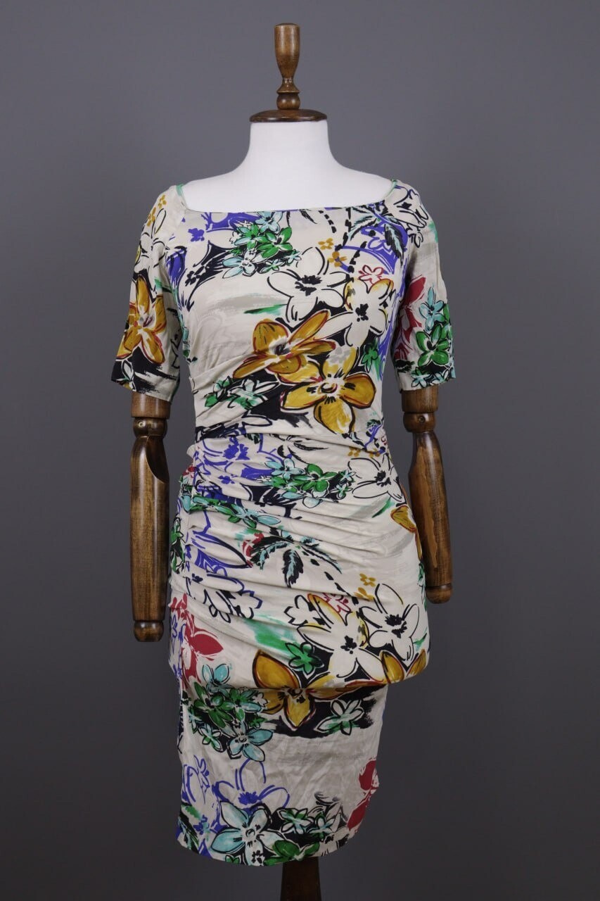 Etro Milano White Floral Silk Short Sleeve Summer Bodycon Dress – Size 42 / M