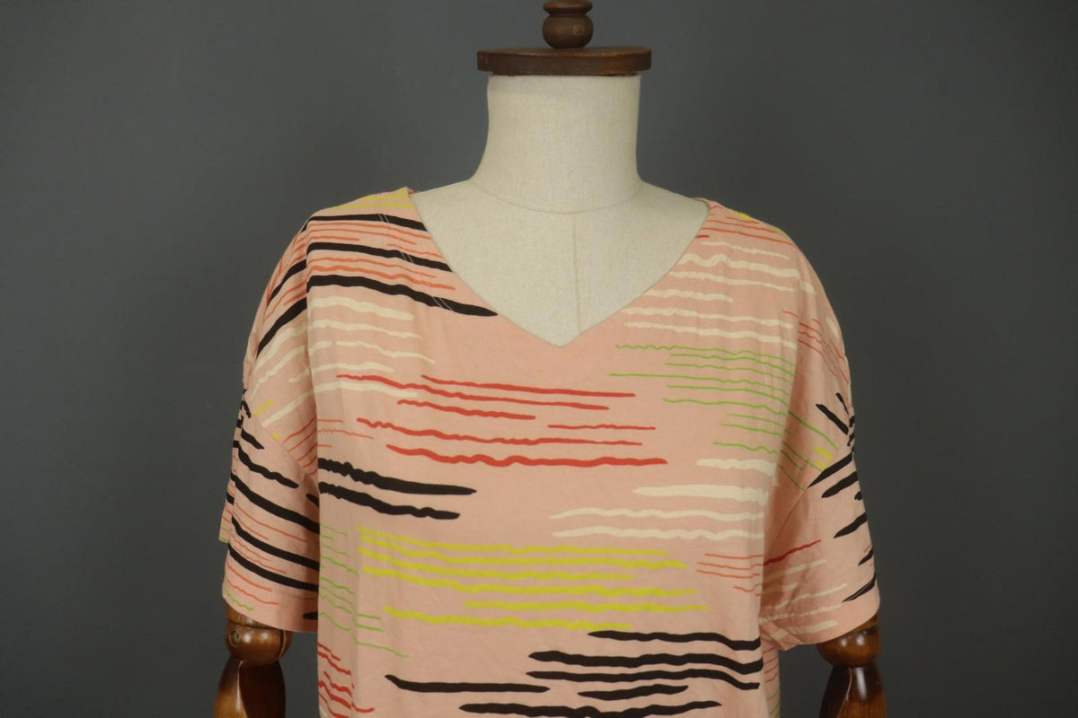 GUDRUN SJODEN Multi Striped Cotton Short Sleeve V-Neck Pullover Blouse Top Sz L