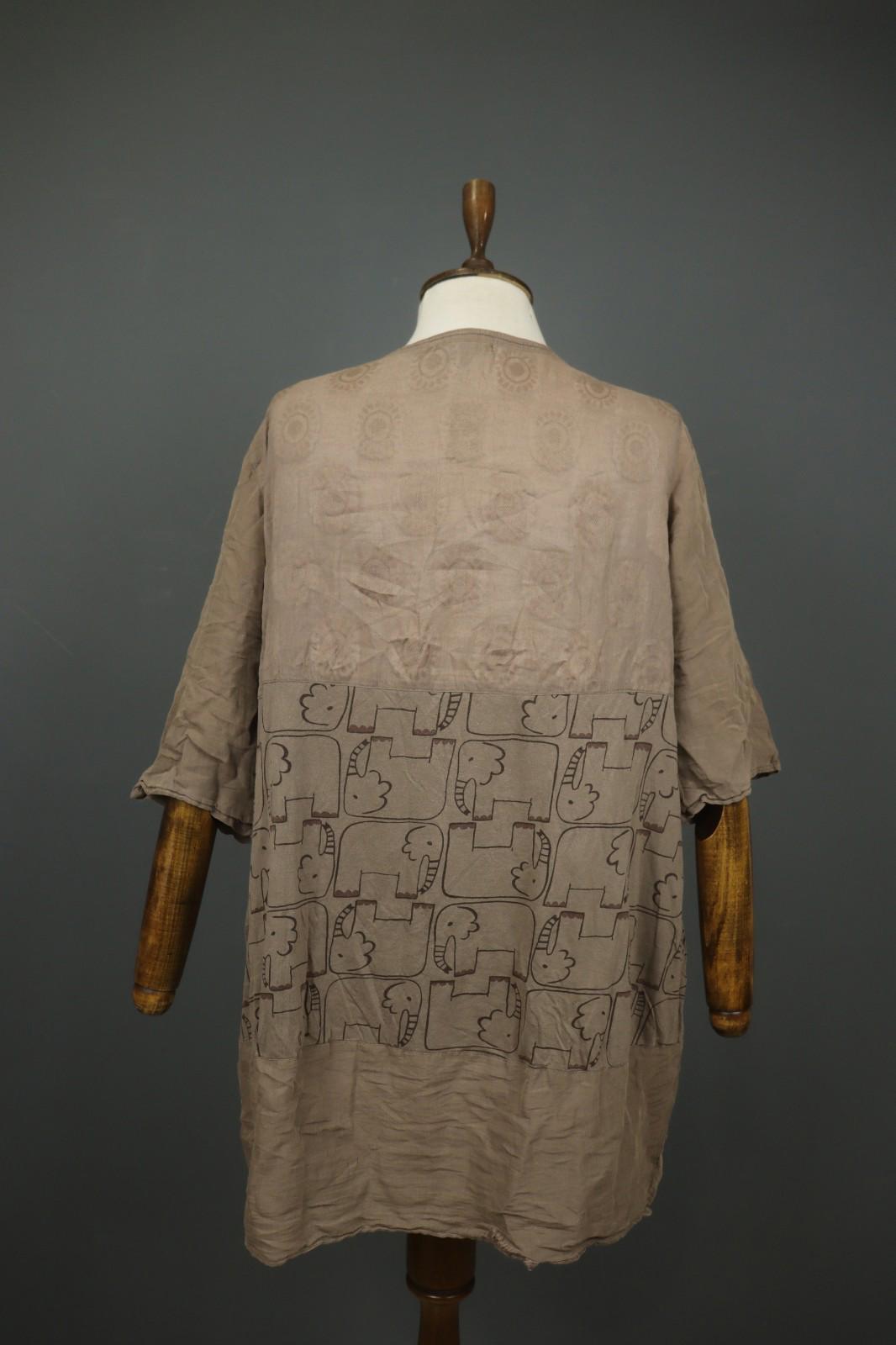 GUDRUN SJODEN Brown Elephant Print 3/4 Sleeve Round Neck Shift Dress – Size S